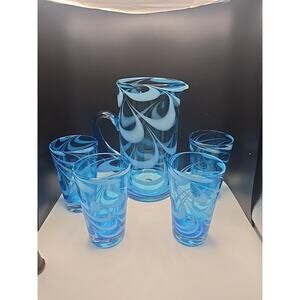 VINTAGE HANDBLOWN BLUE FENTON LIKE ART GLASS OPALESCENT SWIRLED SET OF 5
